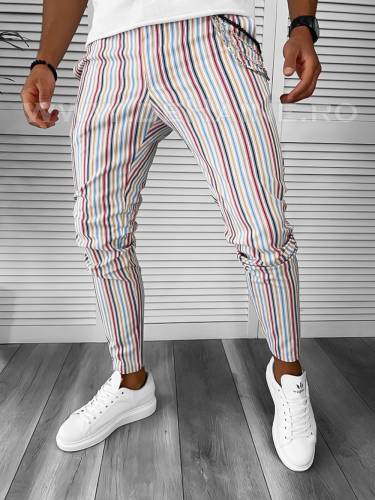 Pantaloni barbati casual regular fit albi cu dungi B7845 N3-51 E 150-3